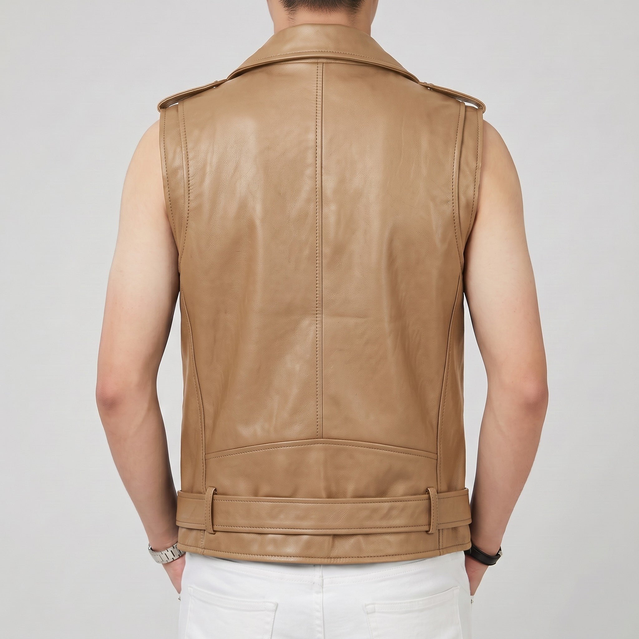 Men's Tan Belted Leather Perfecto Biker Vest — Loxley