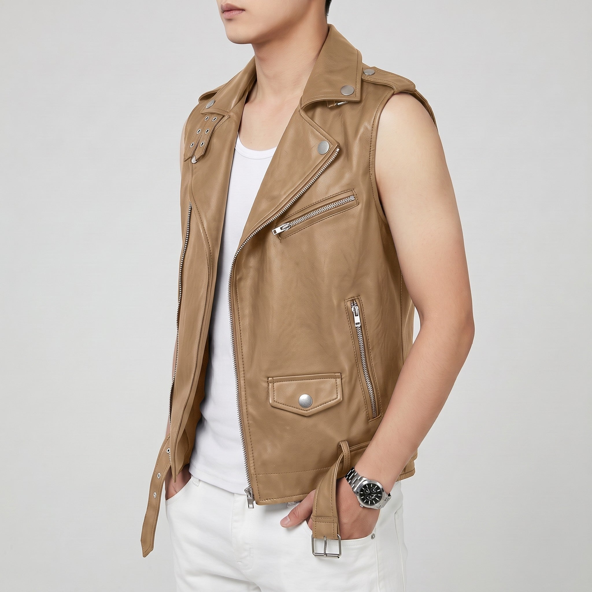 Men's Tan Belted Leather Perfecto Biker Vest — Loxley