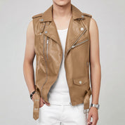 Men's Tan Belted Leather Perfecto Biker Vest — Loxley
