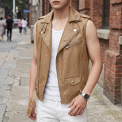 Men's Tan Belted Leather Perfecto Biker Vest — Loxley