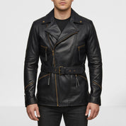 Men's Black Belted Leather Biker Jacket — Twickenham