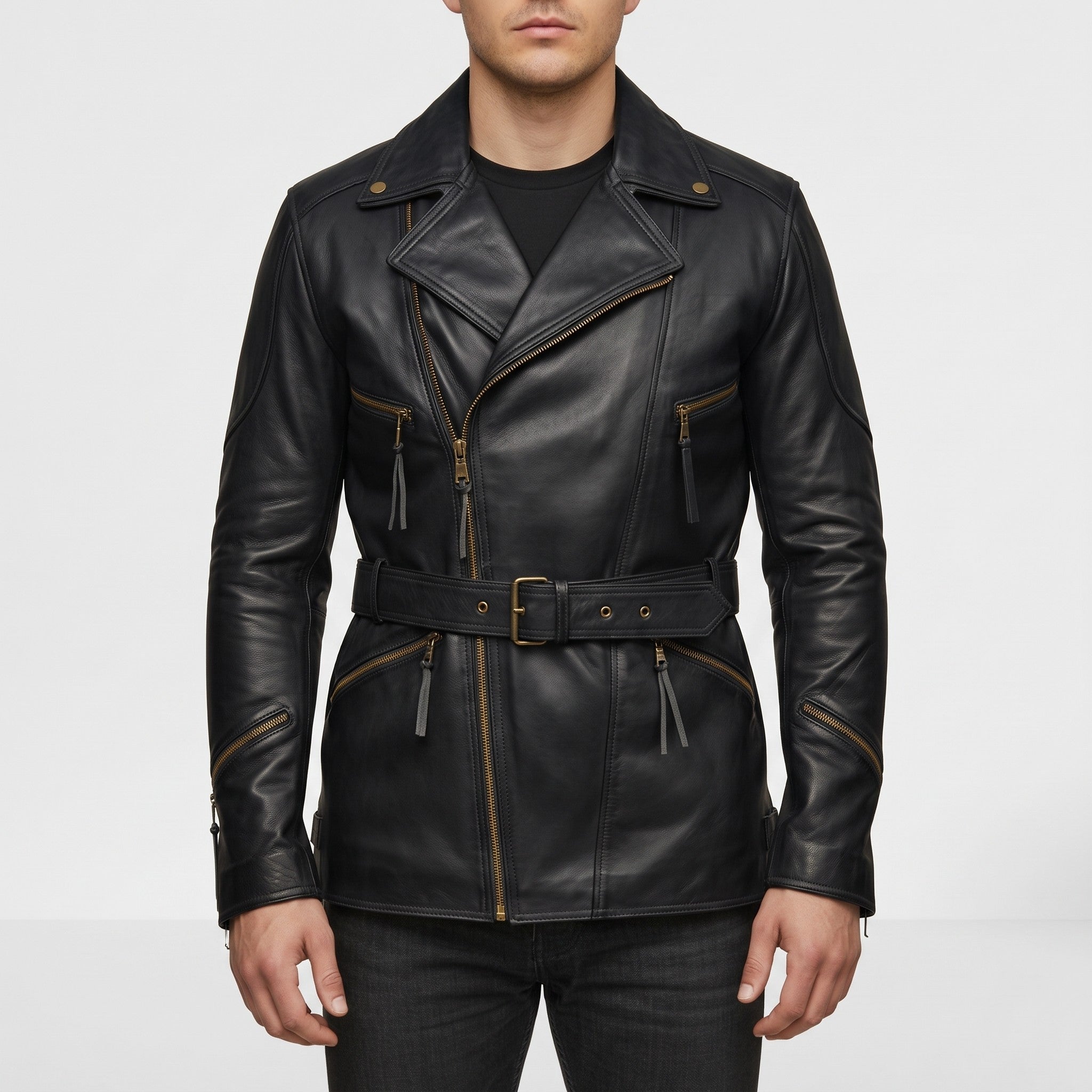 Men's Black Belted Leather Biker Jacket — Twickenham