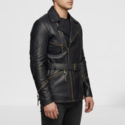 Men's Black Belted Leather Biker Jacket — Twickenham