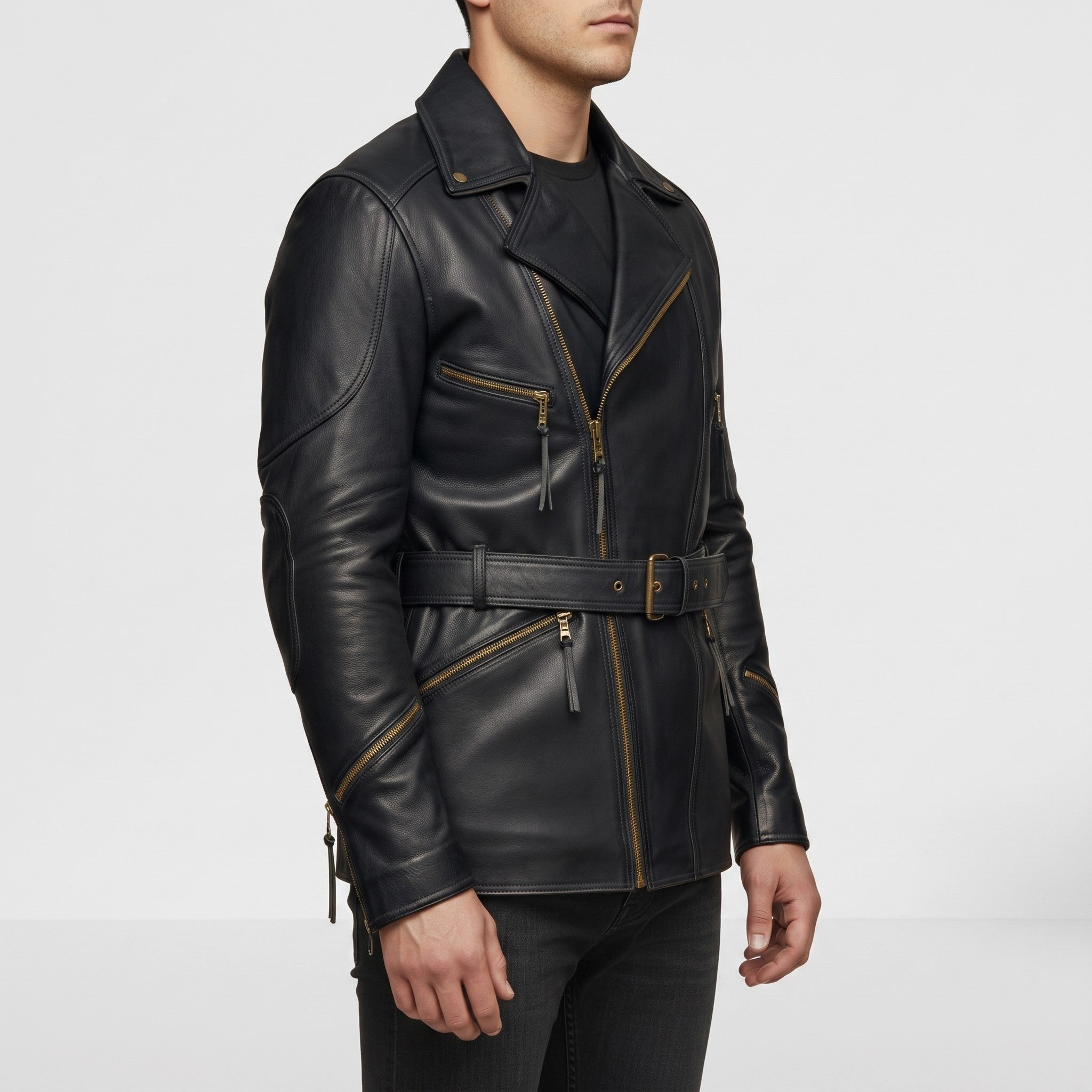 Men's Black Belted Leather Biker Jacket — Twickenham