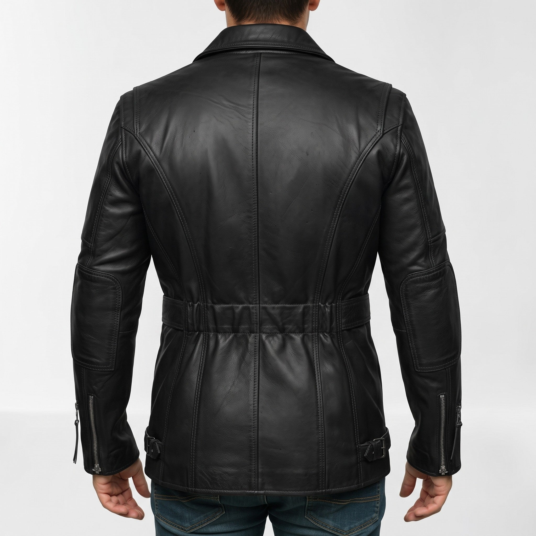 Men's Black Belted Leather Biker Jacket — Twickenham