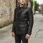 Men's Black Belted Leather Biker Jacket — Twickenham