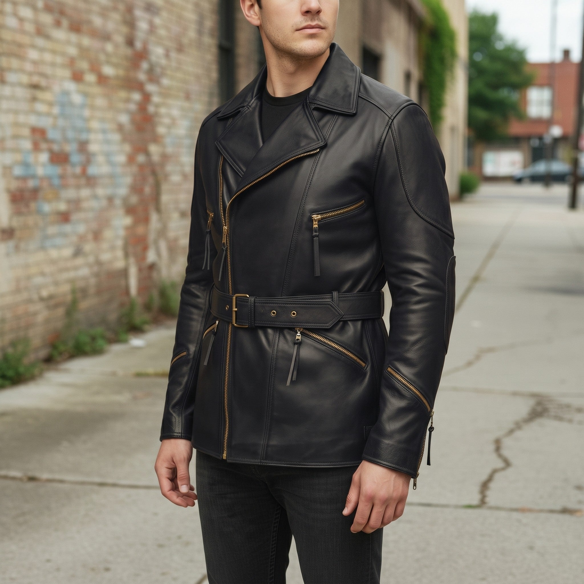 Men's Black Belted Leather Biker Jacket — Twickenham