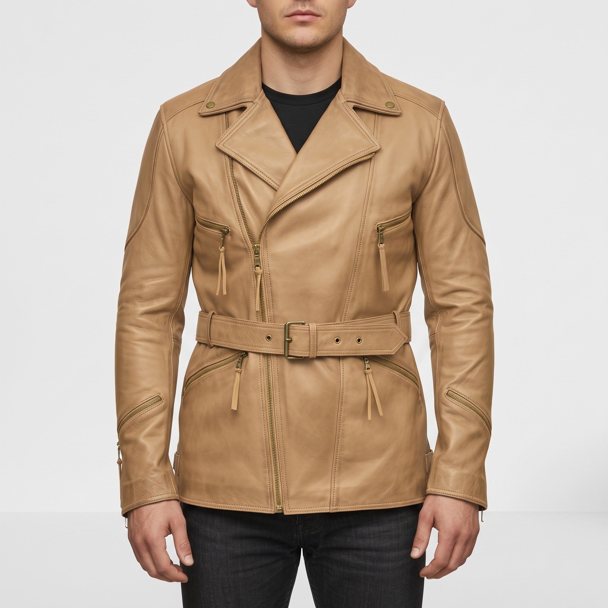Men's Tan Belted Leather Biker Jacket — Twickenham