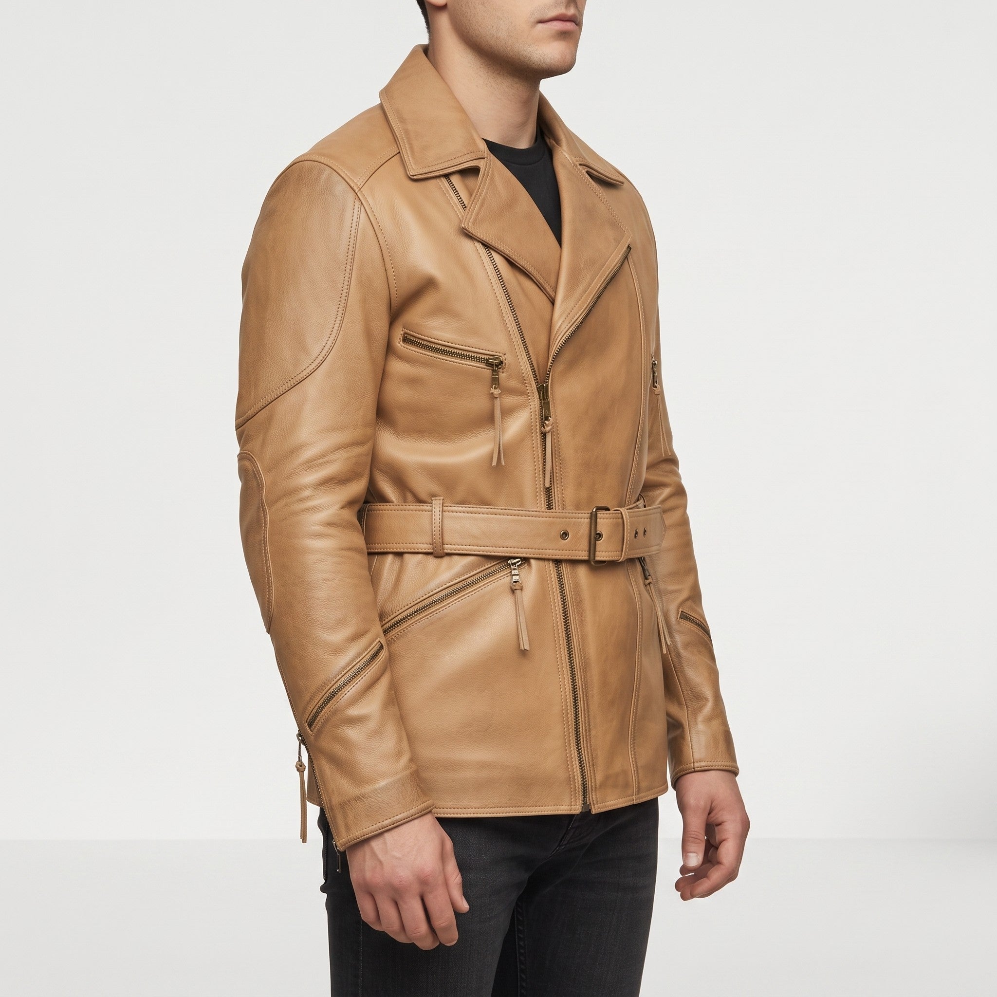 Men's Tan Belted Leather Biker Jacket — Twickenham