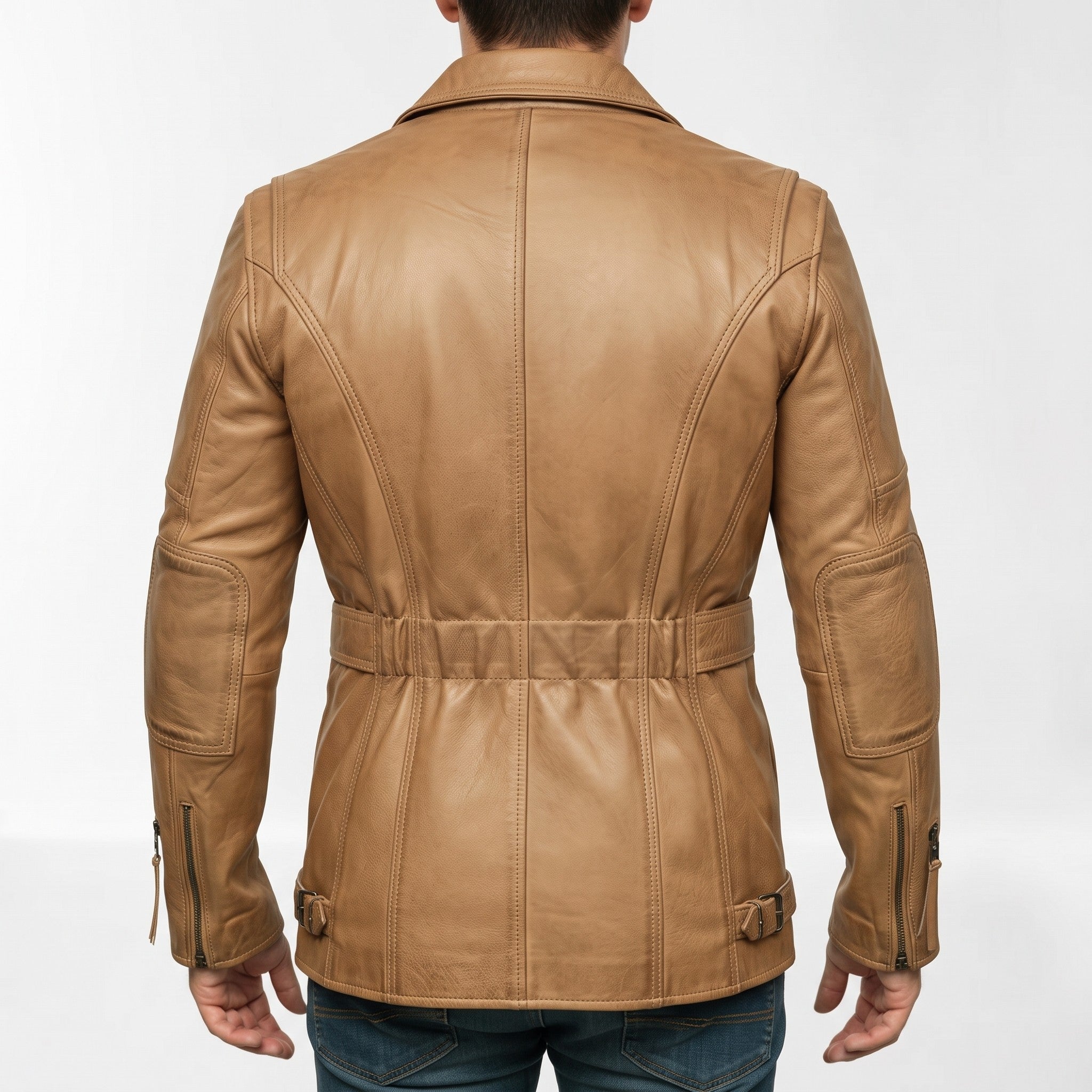 Men's Tan Belted Leather Biker Jacket — Twickenham