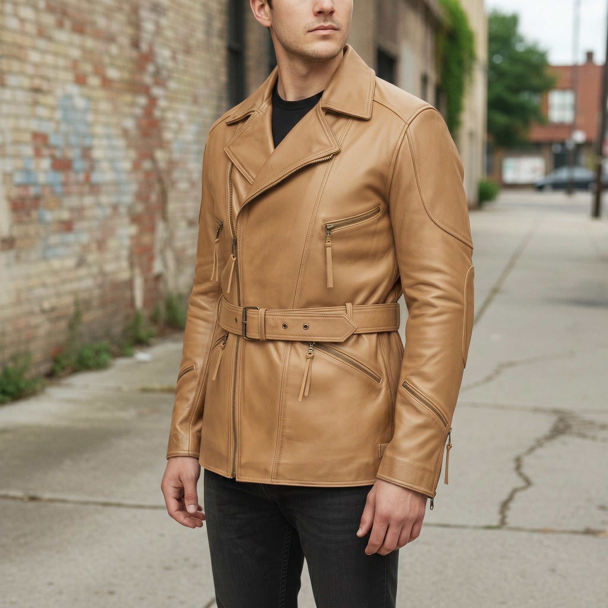 Men's Tan Belted Leather Biker Jacket — Twickenham