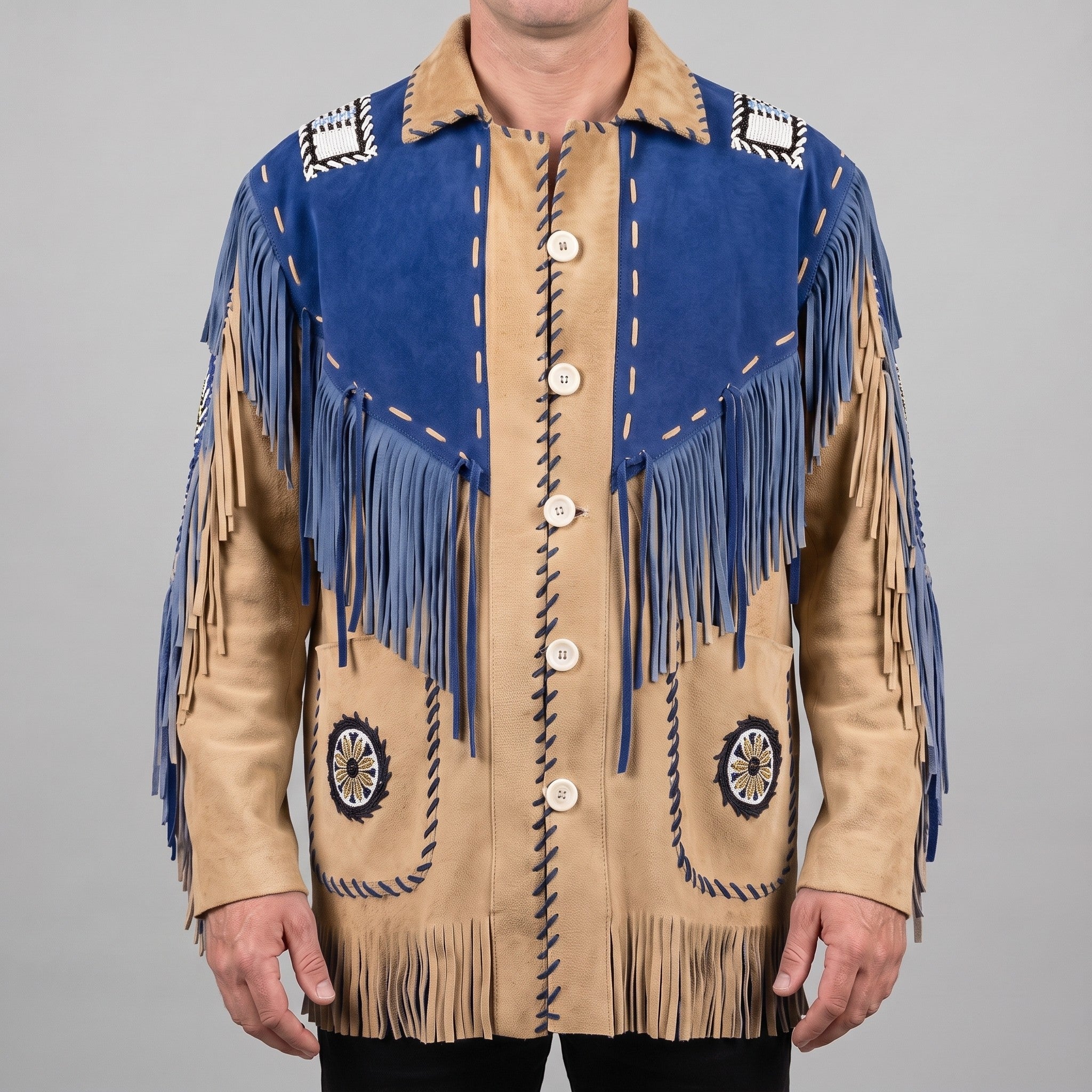 Men's Tan and Blue Fringed Suede Western Jacket — Eastham