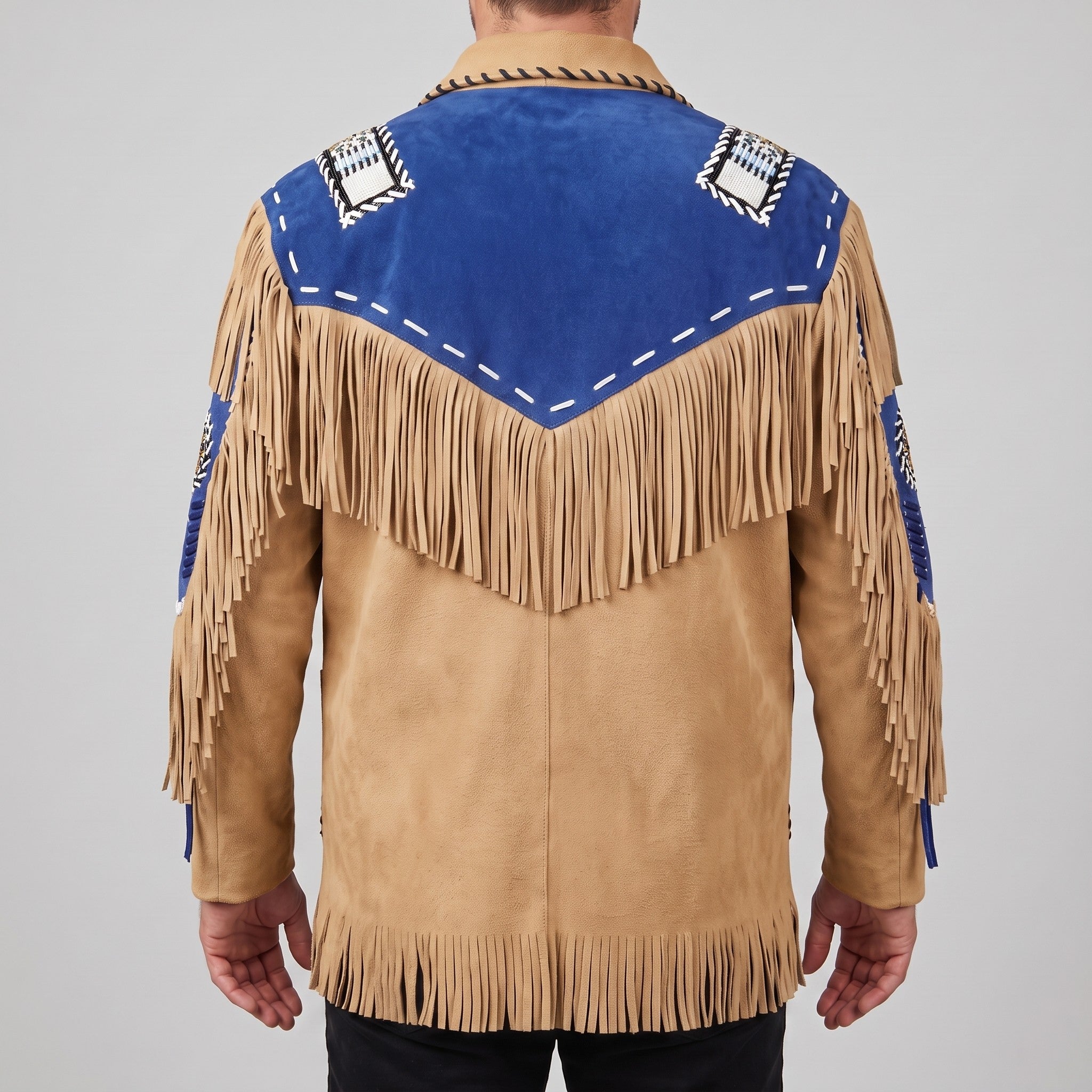 Men's Tan and Blue Fringed Suede Western Jacket — Eastham