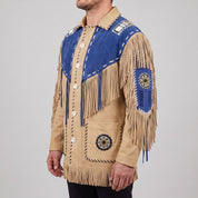 Men's Tan and Blue Fringed Suede Western Jacket — Eastham