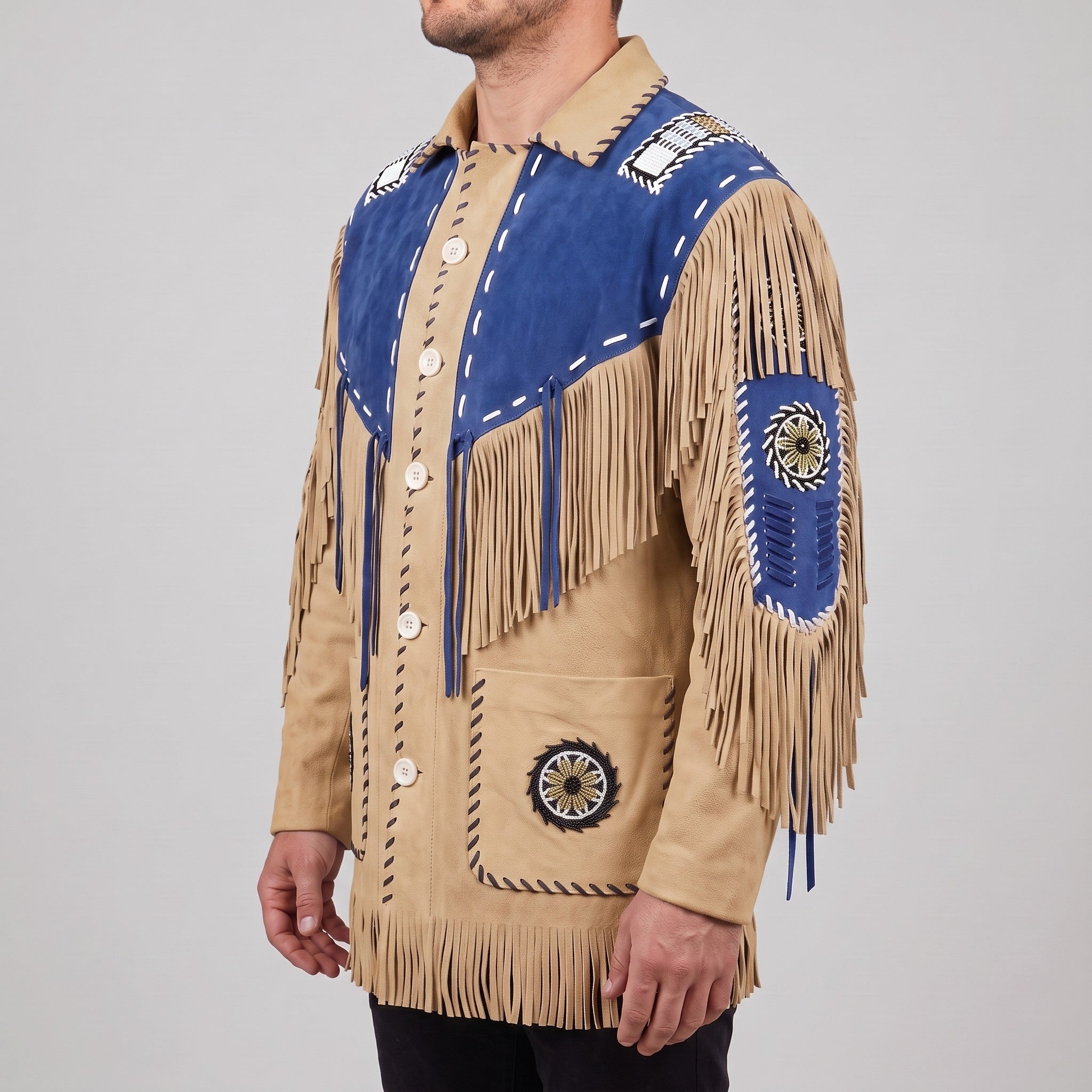 Men's Tan and Blue Fringed Suede Western Jacket — Eastham
