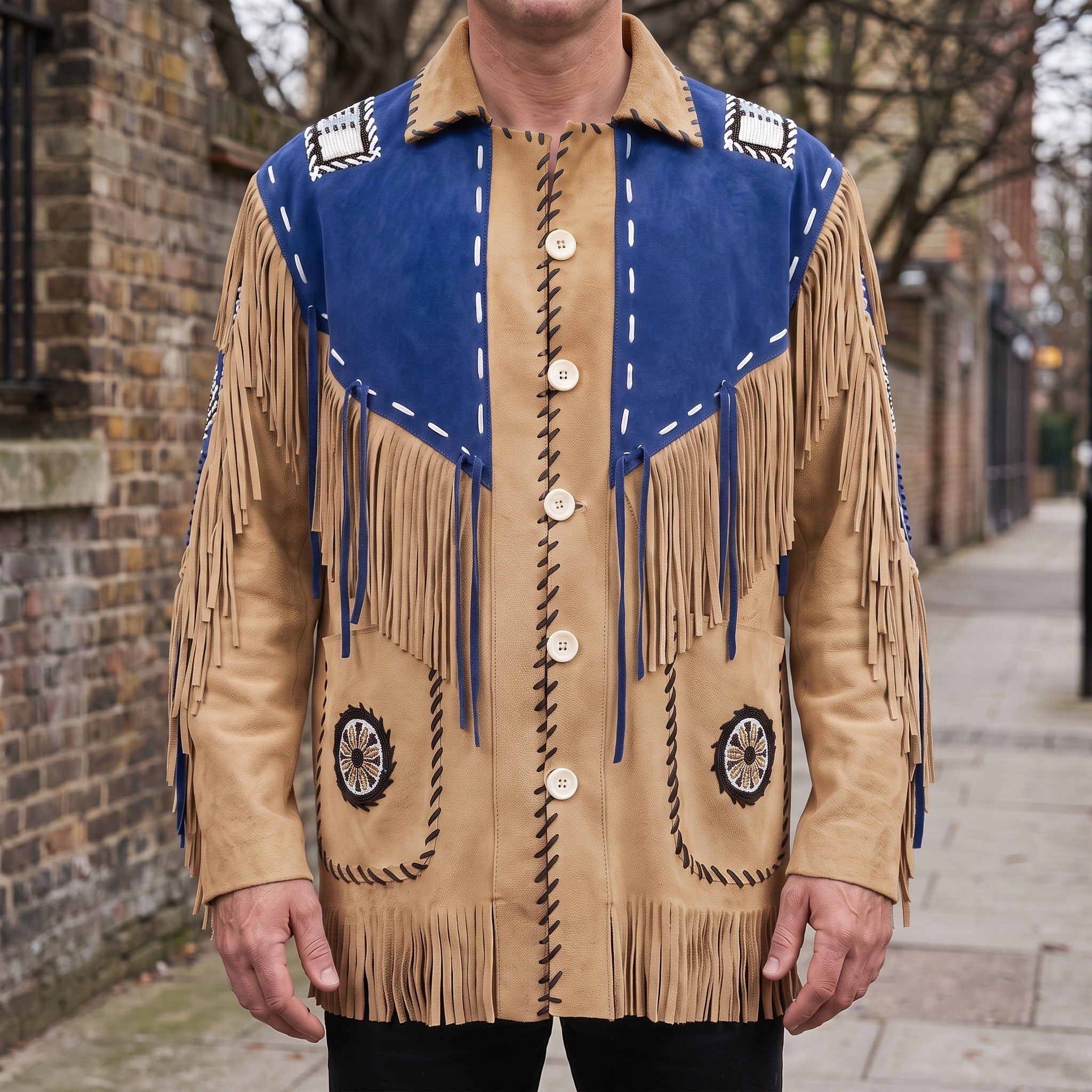 Men's Tan and Blue Fringed Suede Western Jacket — Eastham