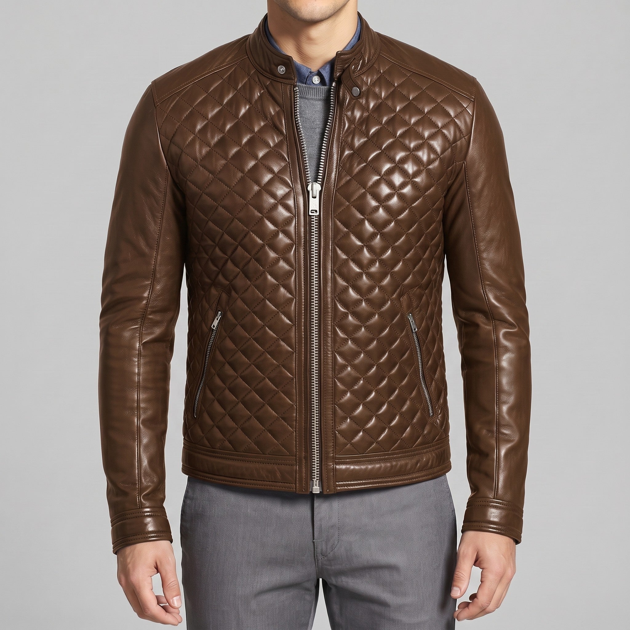 Men's Brown Quilted Leather Cafe Racer Jacket — Ferrand