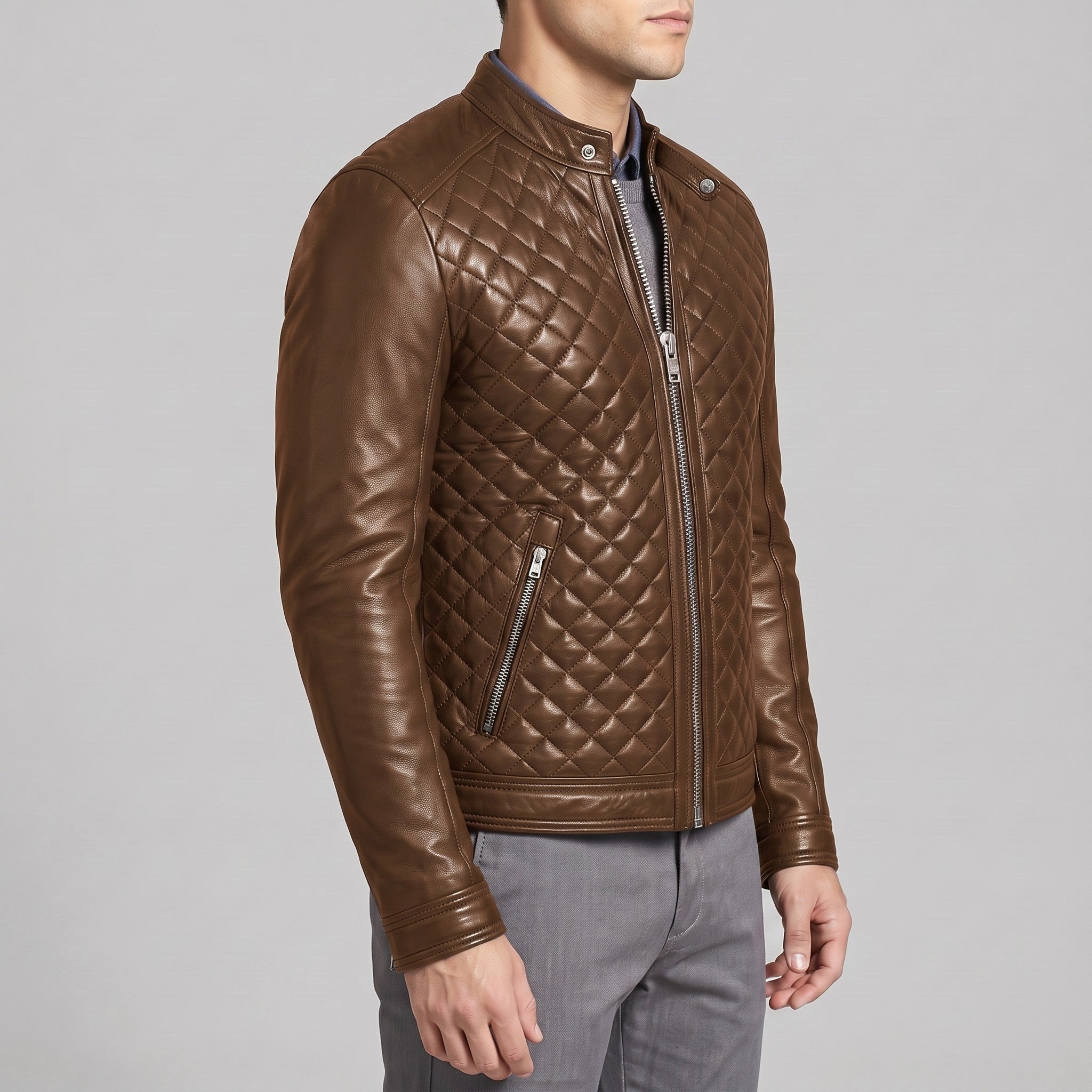 Men's Brown Quilted Leather Cafe Racer Jacket — Ferrand
