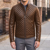 Men's Brown Quilted Leather Cafe Racer Jacket — Ferrand