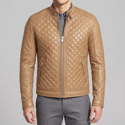Men's Tan Quilted Leather Cafe Racer Jacket — Ferrand