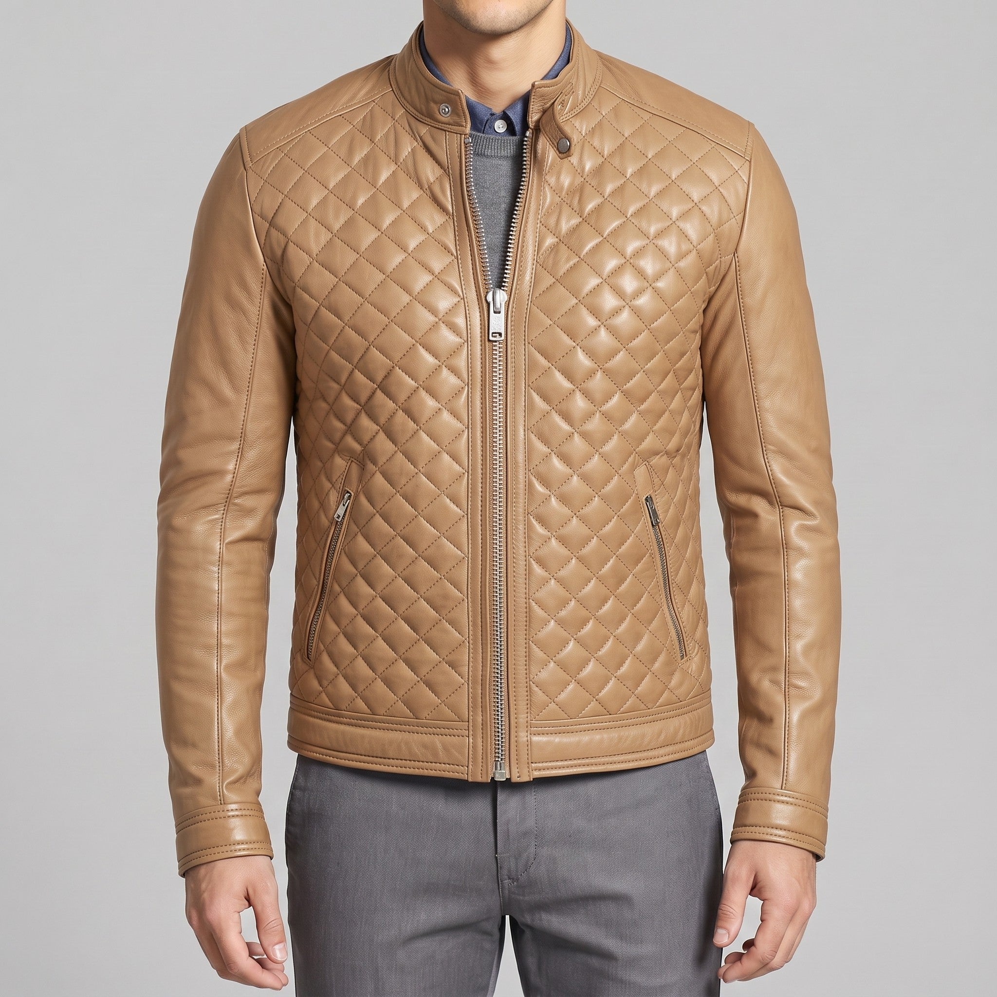 Men's Tan Quilted Leather Cafe Racer Jacket — Ferrand