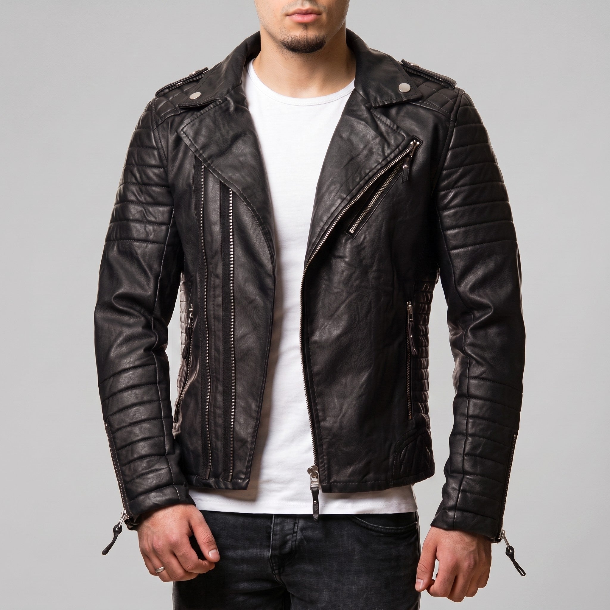 Men's Black Quilted Leather Biker Jacket — Berwick