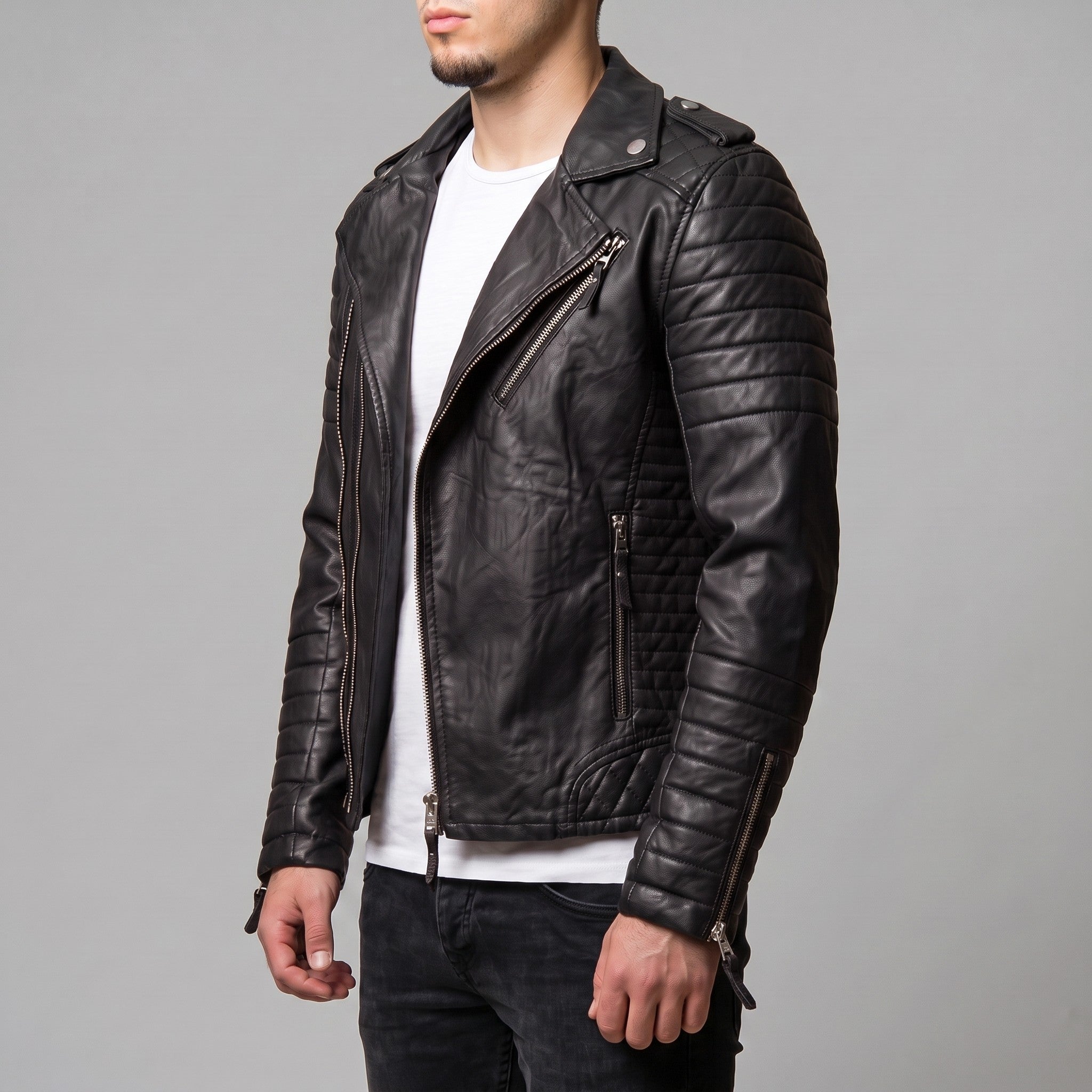 Men's Black Quilted Leather Biker Jacket — Berwick