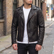 Men's Black Quilted Leather Biker Jacket — Berwick
