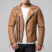 Men's Tan Quilted Leather Biker Jacket — Berwick
