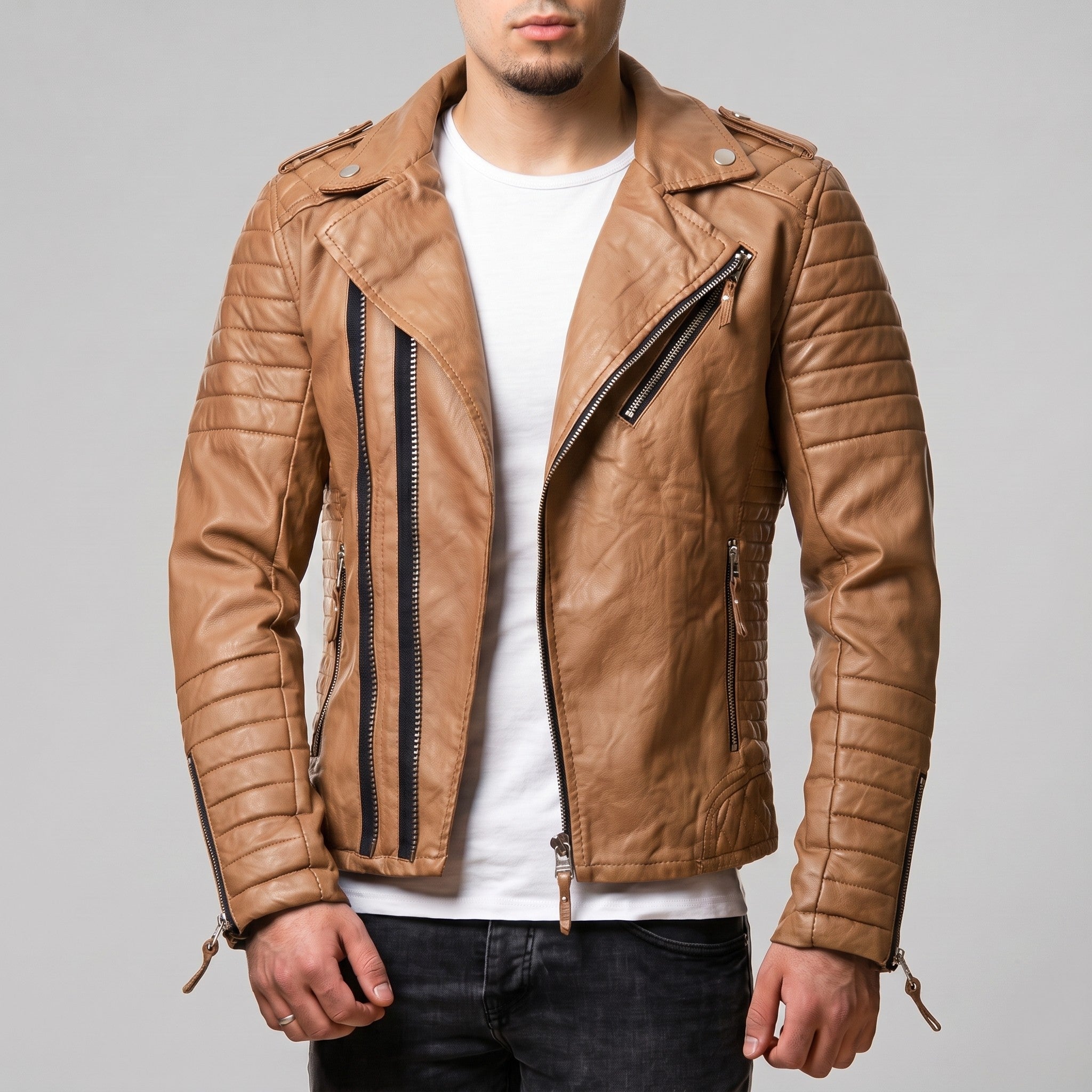 Men's Tan Quilted Leather Biker Jacket — Berwick