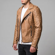 Men's Tan Quilted Leather Biker Jacket — Berwick