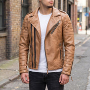 Men's Tan Quilted Leather Biker Jacket — Berwick