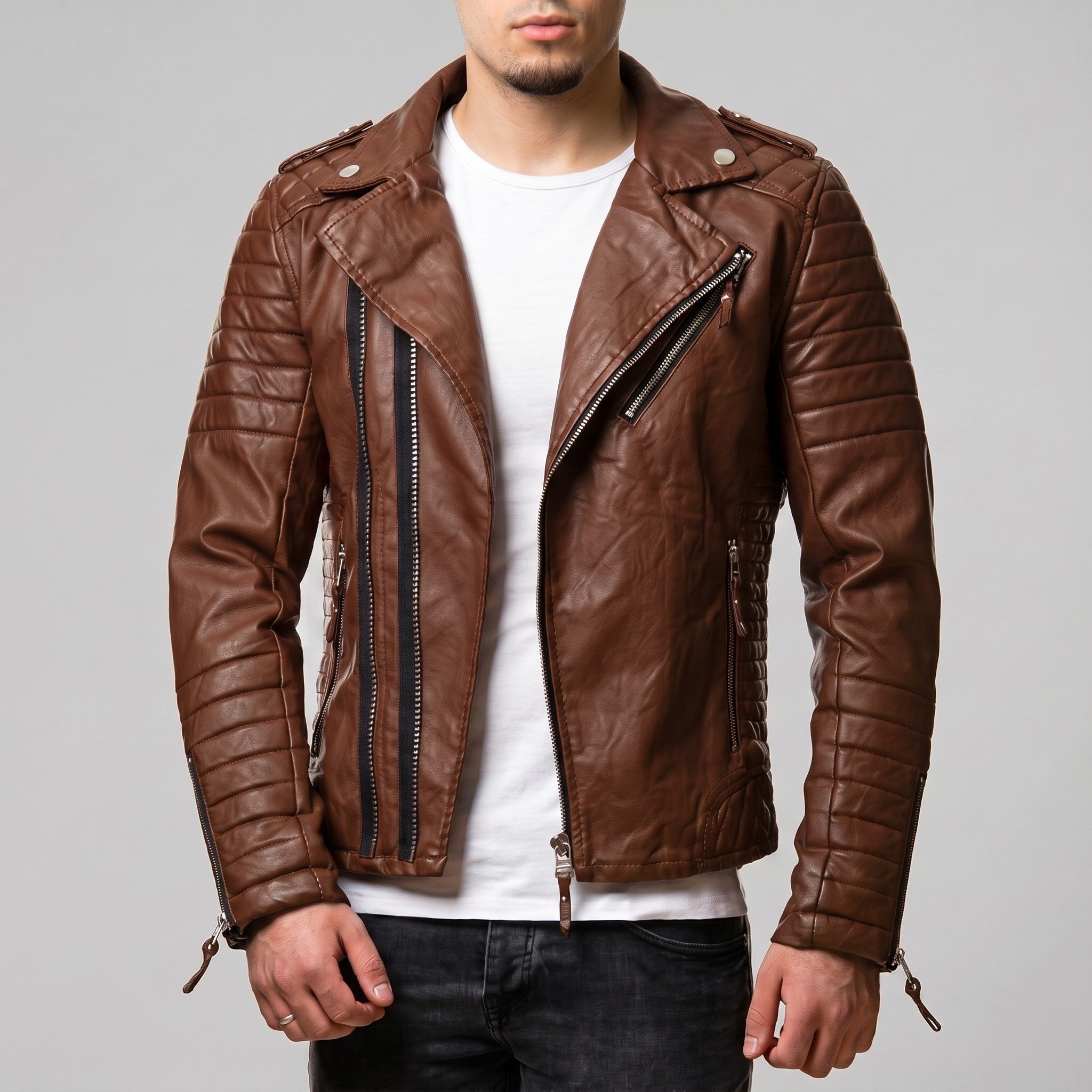 Men's Brown Quilted Leather Biker Jacket — Berwick