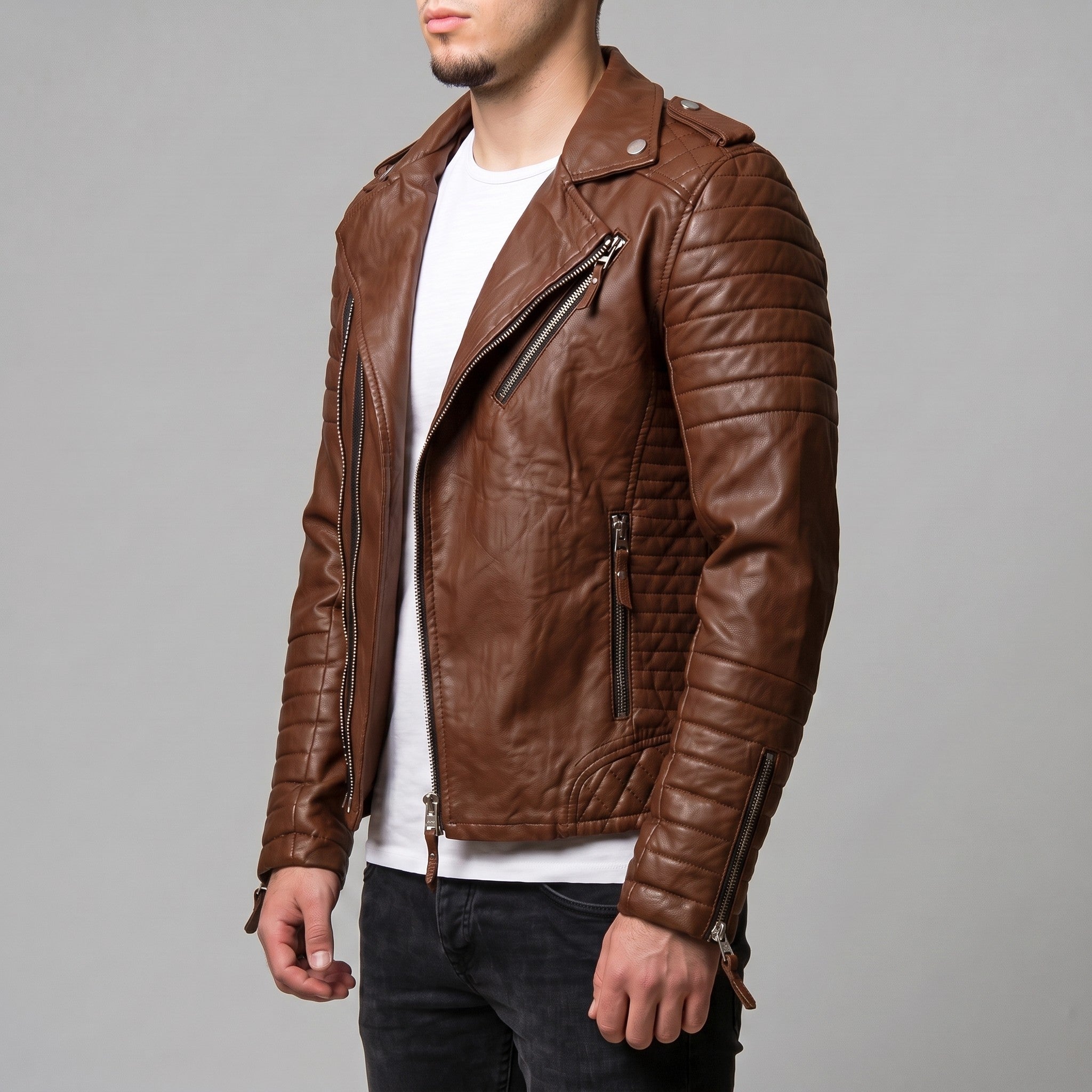 Men's Brown Quilted Leather Biker Jacket — Berwick