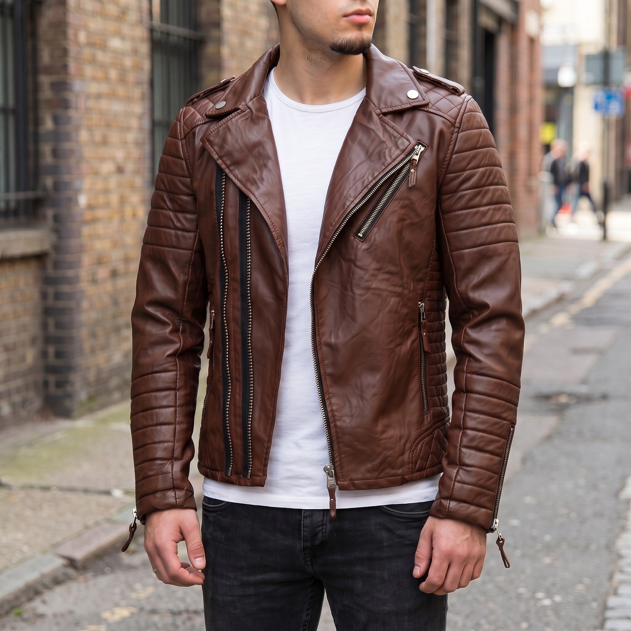 Men's Brown Quilted Leather Biker Jacket — Berwick