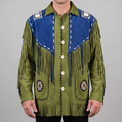 Men's Olive Green and Blue Fringed Suede Western Jacket — Eastham