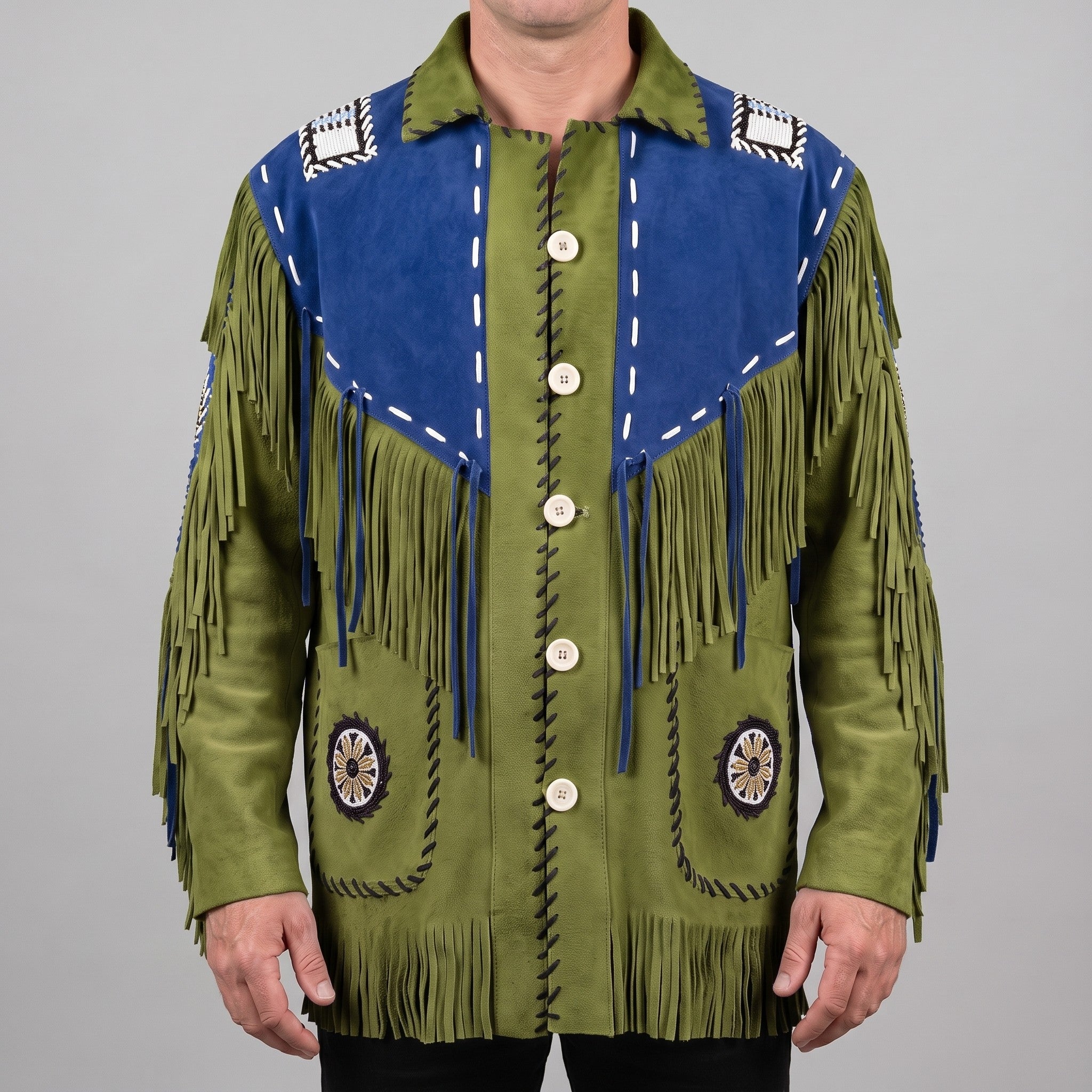 Men's Olive Green and Blue Fringed Suede Western Jacket — Eastham