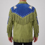 Men's Olive Green and Blue Fringed Suede Western Jacket — Eastham