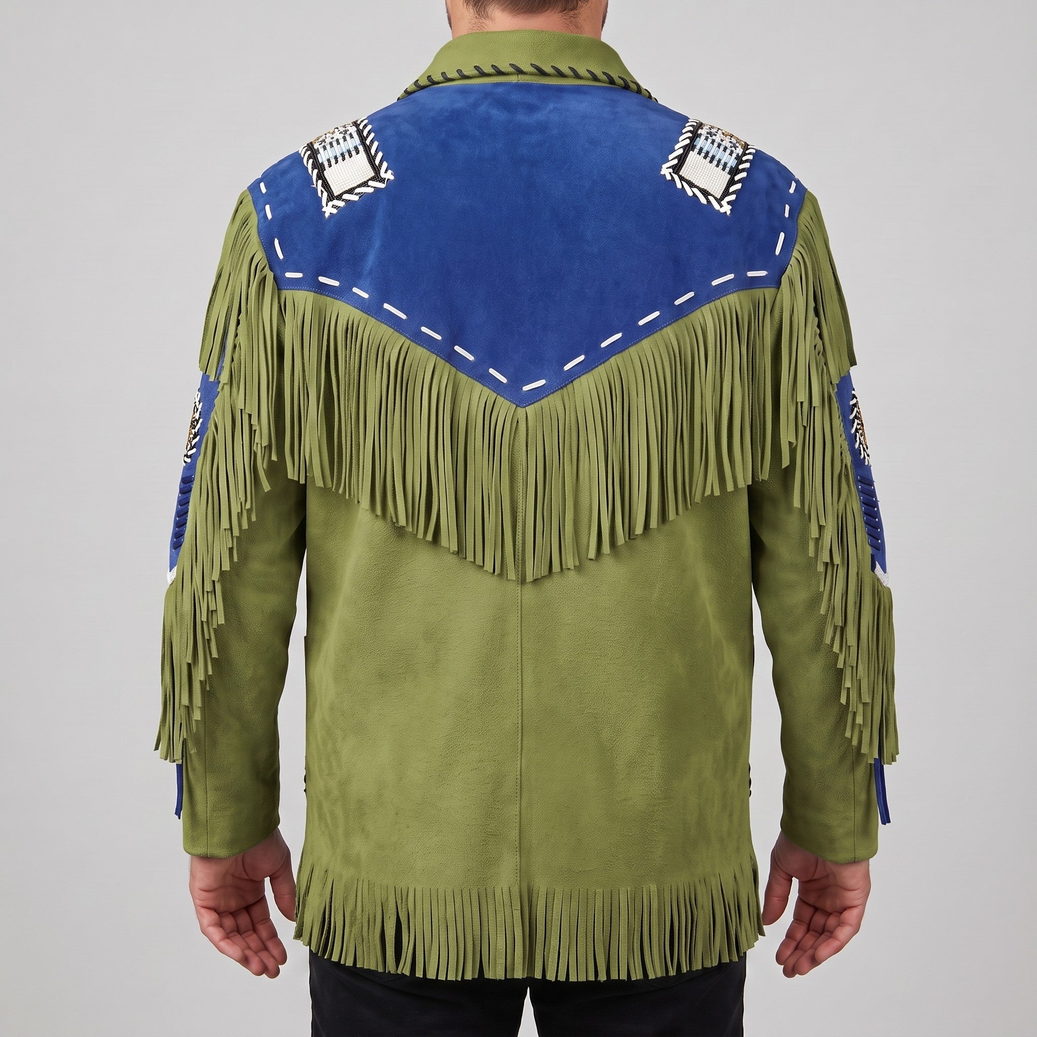 Men's Olive Green and Blue Fringed Suede Western Jacket — Eastham