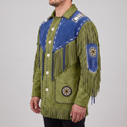 Men's Olive Green and Blue Fringed Suede Western Jacket — Eastham