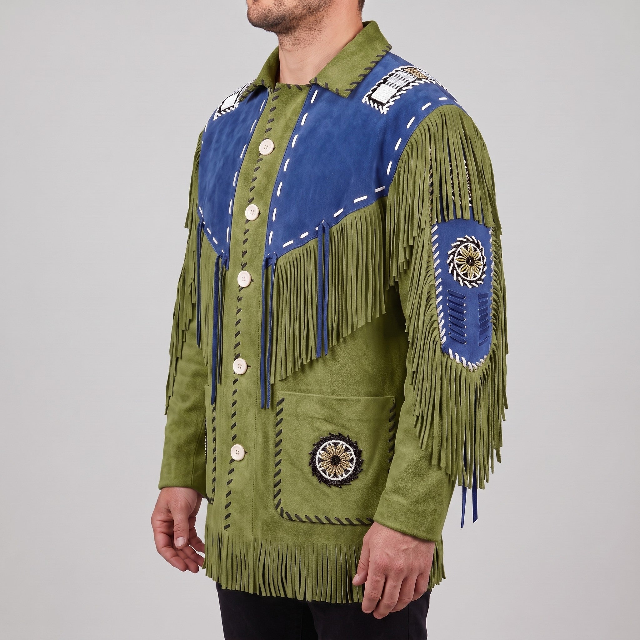 Men's Olive Green and Blue Fringed Suede Western Jacket — Eastham