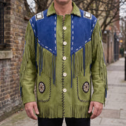 Men's Olive Green and Blue Fringed Suede Western Jacket — Eastham