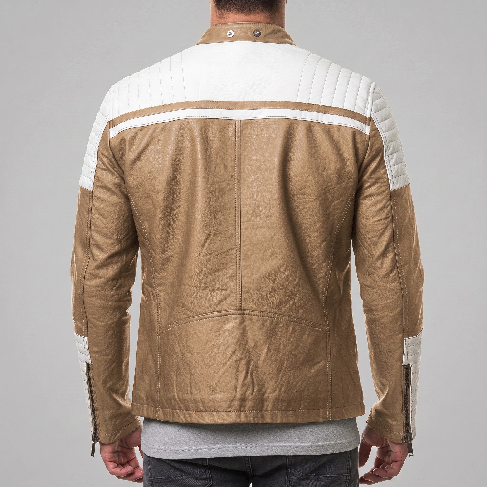 Men's Tan and White Quilted Leather Cafe Racer Jacket — Adbury