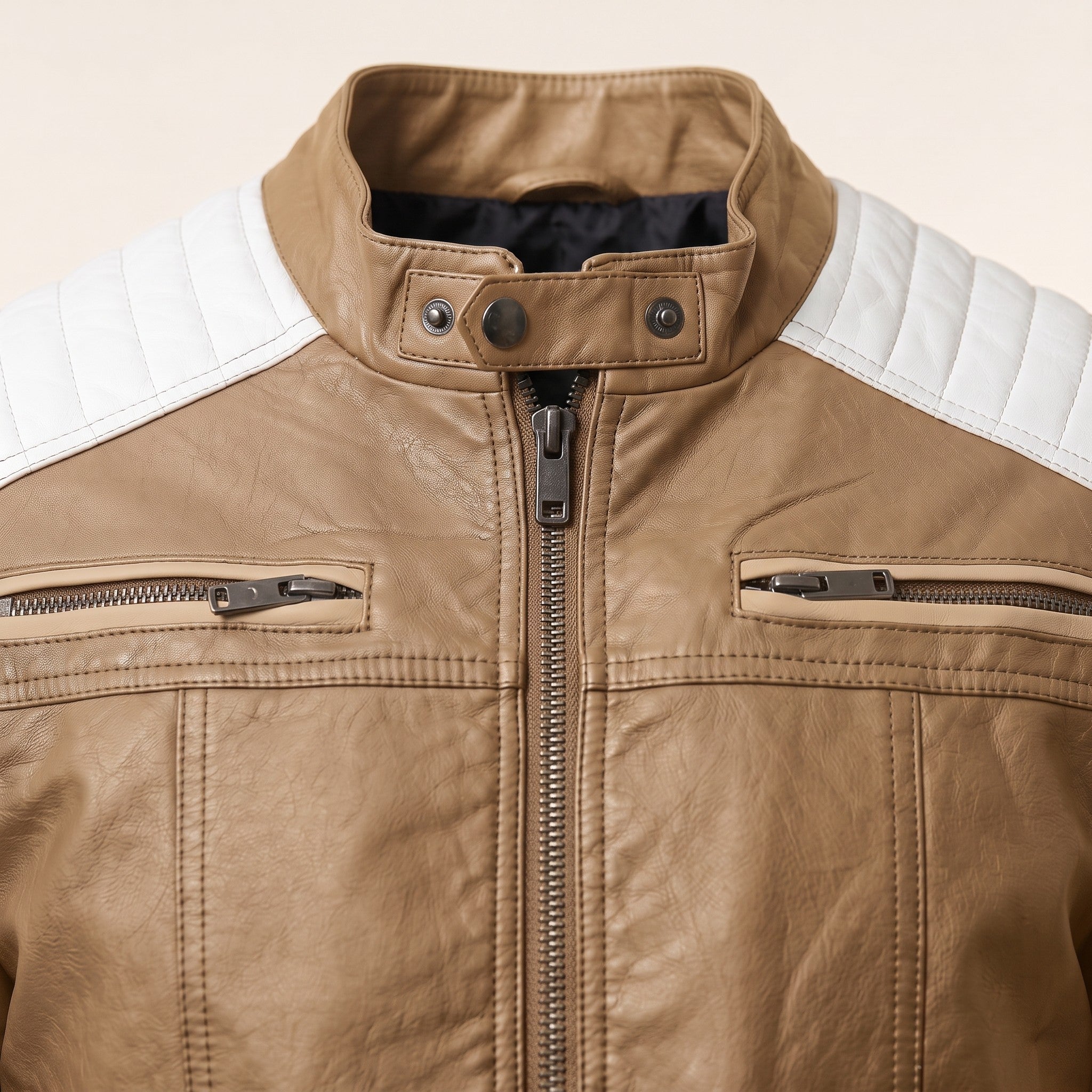 Men's Tan and White Quilted Leather Cafe Racer Jacket — Adbury