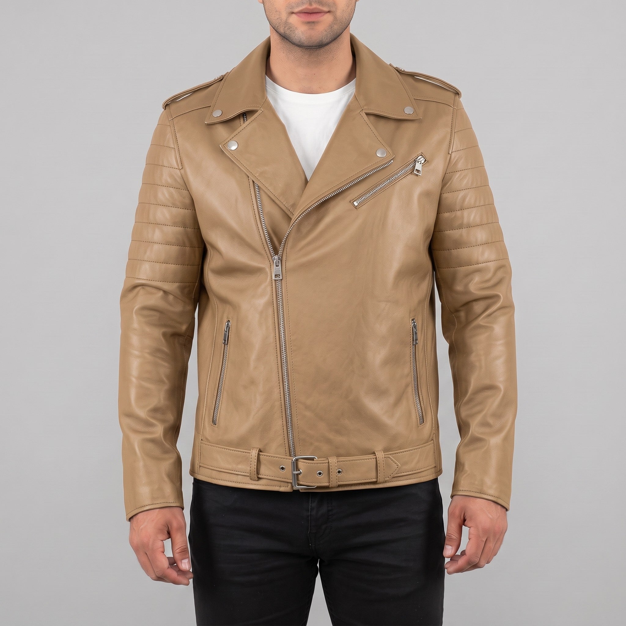 Men's Tan Leather Biker Jacket — Bridgend