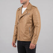 Men's Tan Leather Biker Jacket — Bridgend