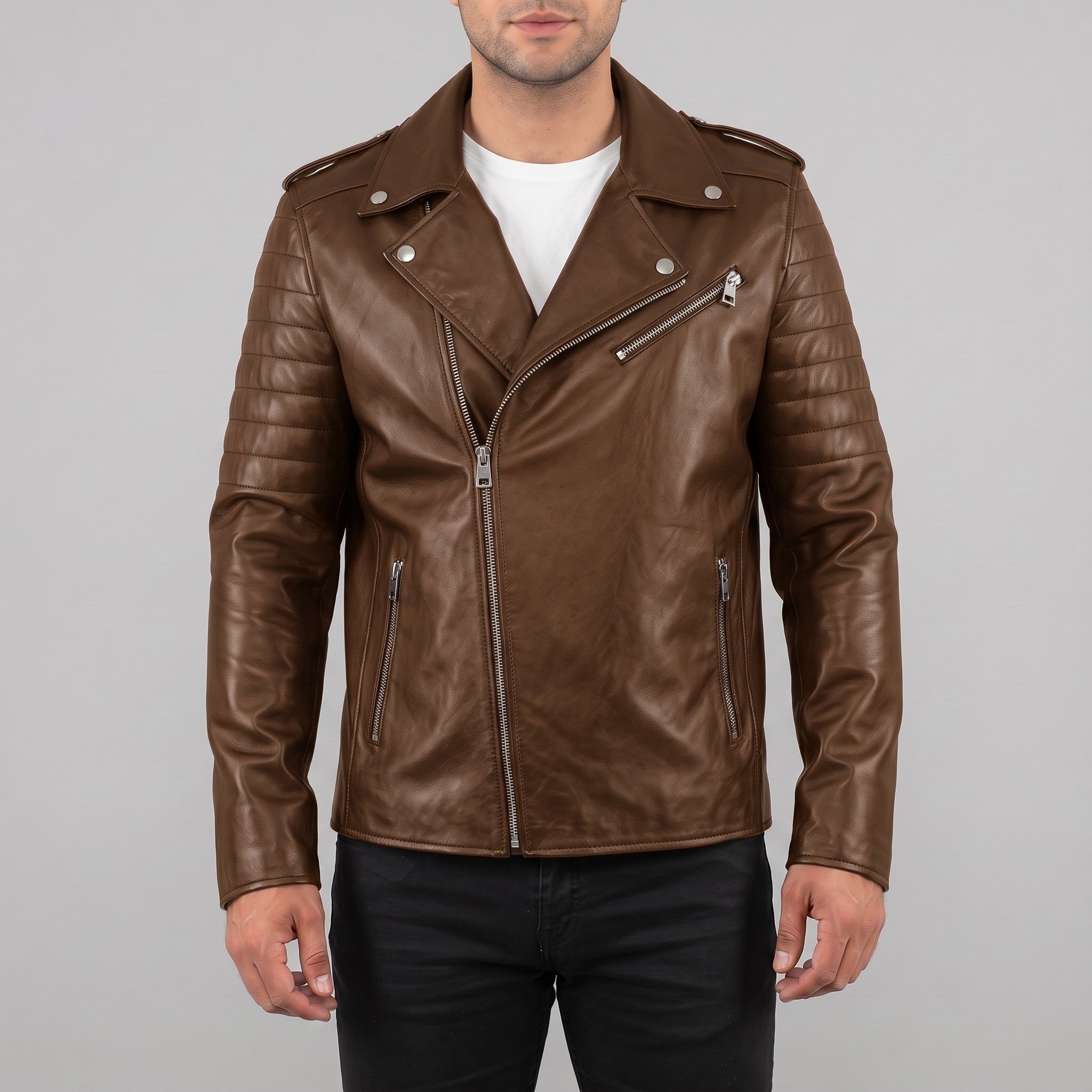Men's Brown Leather Biker Jacket — Bridgend