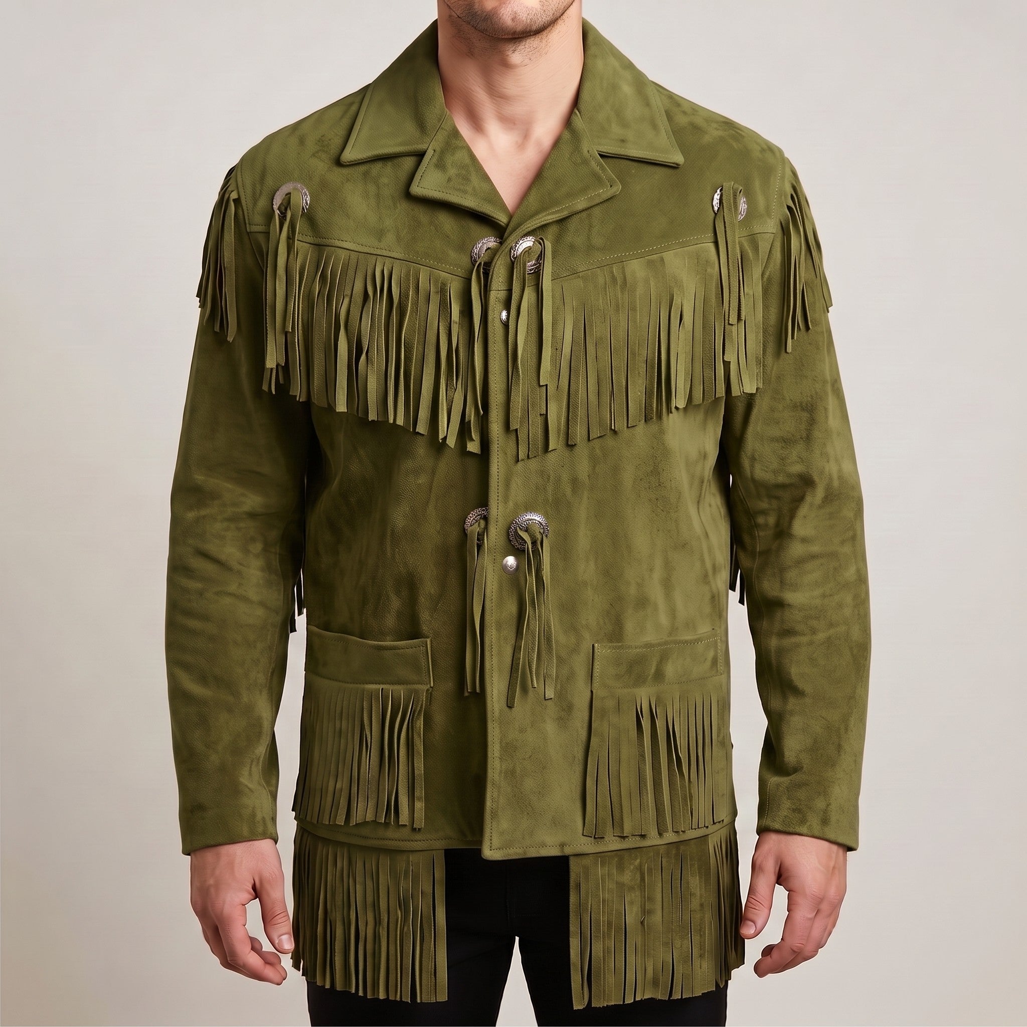 Men's Olive Green Fringed Suede Western Jacket — Crayford