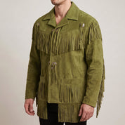 Men's Olive Green Fringed Suede Western Jacket — Crayford