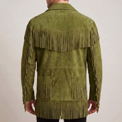Men's Olive Green Fringed Suede Western Jacket — Crayford